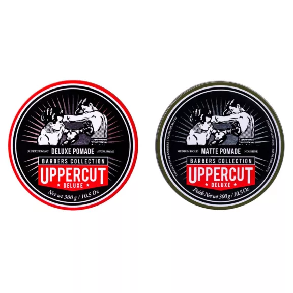 Uppercut Barber Pack – Deluxe (erős, fényes) + Matt (közepes, matt) pomádé, 2 × 300 g Uppercut Barber Pack – Deluxe (erős, fényes) + Matt (közepes, matt) pomádé, 2 × 300 g