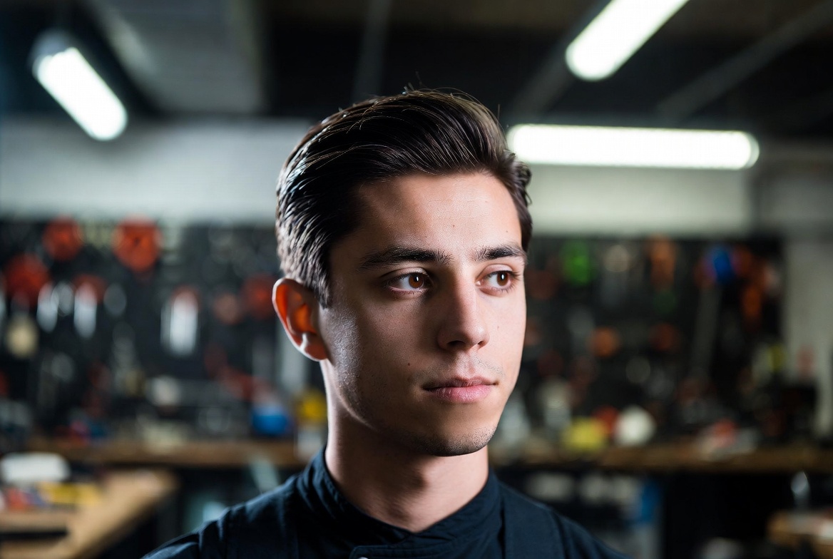 Modern barbershop környezetben, közelkép egy férfiról, tökéletesen formázott slicked back frizurával és egy tégely pomádéval.